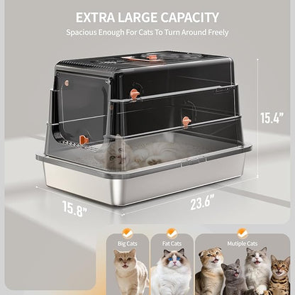 Stainless Steel Cat Litter Box with Lid, Extra Large Enclosed Metal Litter Pan with High Sides, Full Flip Cover Litter Box for Large Cat, Include Scoop & Step, Leak Proof Easy Clean Odor Control-Black