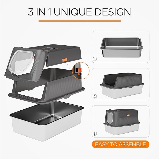 Anywish Stainless Steel Cat Litter Box with Lid, XL Extra Large Enclosed Removable Metal Litter Box with Litter Scoop&Double Layer Litter Mat, Non-Sticky, Non-Odor, for Big Cats Dark Grey