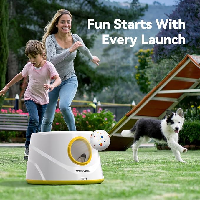 HETOO Automatic Ball Launcher for Dogs: Ball Launcher for Dogs - Tennis Thrower for Dogs with 6 Balls- Interactive Mental Stimulation Dog Toys - Small/Medium Sized Launcher- Yellow