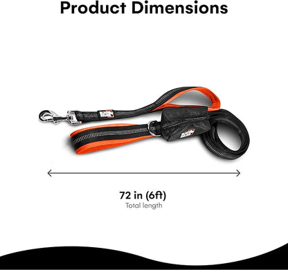 Black Rhino Heavy Duty Dog Leash for Medium and Large Dogs - 6 ft Long Double Handle Leash with Padded Traffic Control Handles and Bag - Reflective, Durable, and Weather Resistant (Orange)