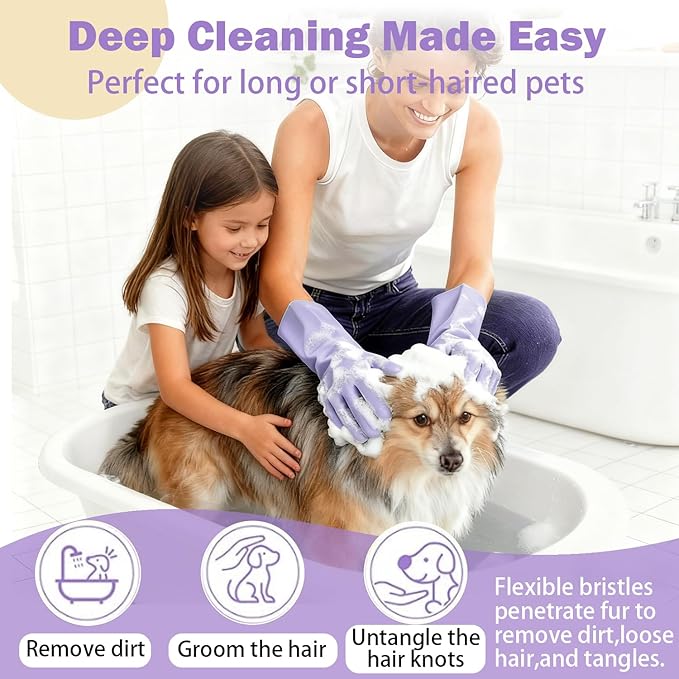 Pet Grooming Gloves, bite-Resistant pet Bathing Gloves with Non-Slip Particles, Suitable for Wet and Dry use, for All Ages. Ideal as a Grooming Brush Glove for Dogs and Cats. Purple 1 Pak.