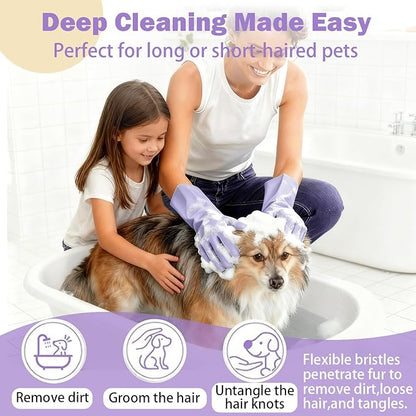 Pet Grooming Gloves, bite-Resistant pet Bathing Gloves with Non-Slip Particles, Suitable for Wet and Dry use, for All Ages. Ideal as a Grooming Brush Glove for Dogs and Cats. Purple 1 Pak.