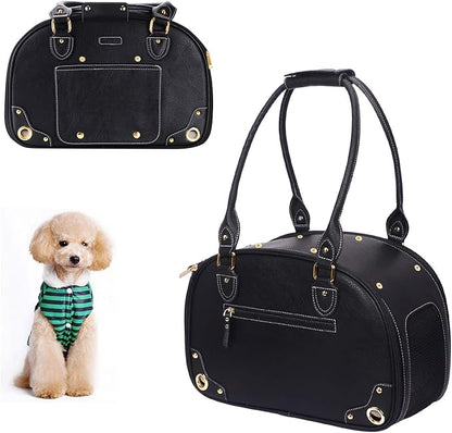 PetsHome Dog Carrier Purse, Pet Carrier, Waterproof Premium Leather Pet Travel Portable Bag Carrier for Cat and Small Dog Home & Outdoor Medium Black