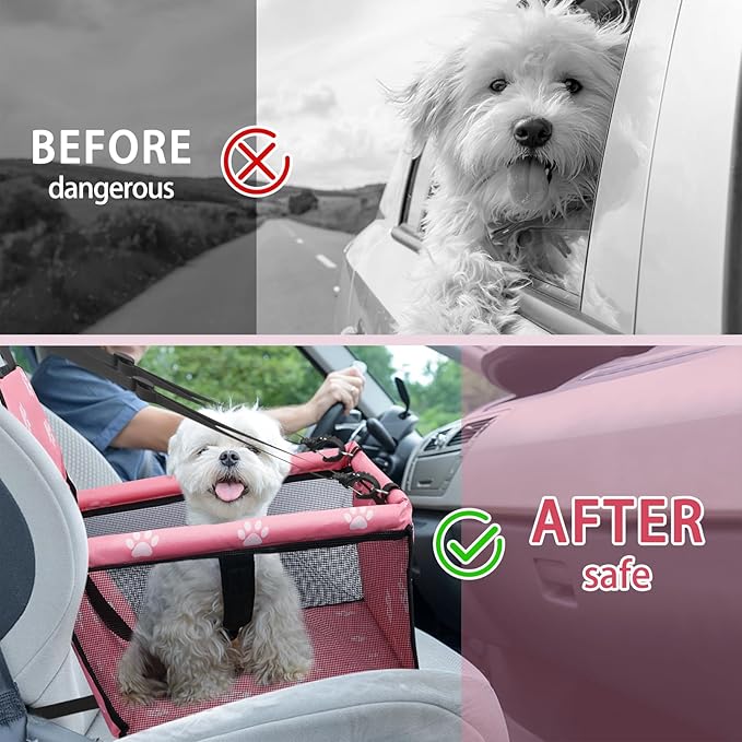 PetsHome Dog Car Seat Foldable Dog Car Booster Seat Waterproof Breathable Oxford Travel Bag for Small to Medium Dogs, Puppies, and Pets-Footprint Pink