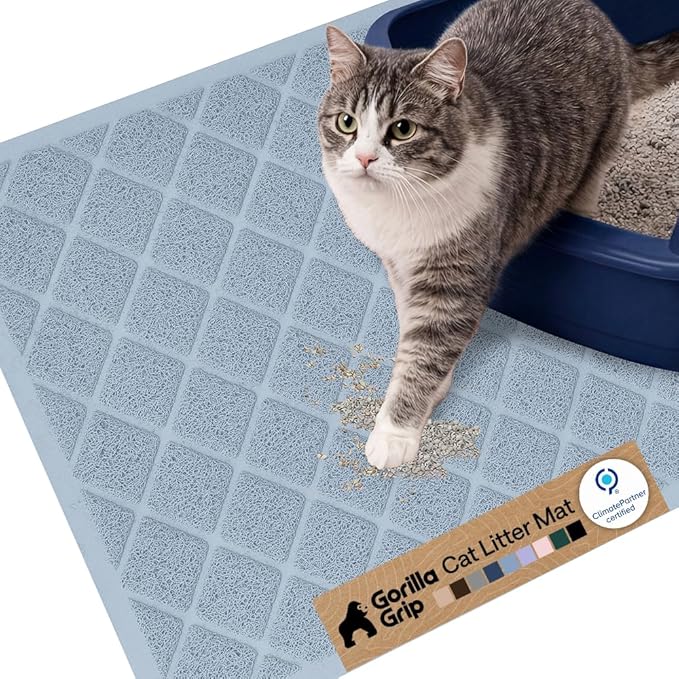 GORILLA GRIP Cat Litter Box Mat, Cushioned Coil Mesh Litter Trapping Mats, Scatter Control Supplies for Less Mess, Phthalate Free, Ultra Deep Catch Grooves, Rinse or Vacuum to Clean, 24x17 Light Blue