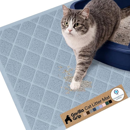GORILLA GRIP Cat Litter Box Mat, Cushioned Coil Mesh Litter Trapping Mats, Scatter Control Supplies for Less Mess, Phthalate Free, Ultra Deep Catch Grooves, Rinse or Vacuum to Clean, 24x17 Light Blue