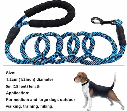 MayPaw Heavy Duty Rope Dog Leash, 3/6/8/10/12/15/20/30 FT Long Dog Lead Nylon Pet Leash, Soft Padded Handle Thick Lead Training Leashes for Large Medium Dogs (15ft * 1/2", Blue Black)