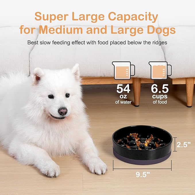 Sted Ceramic Slow Feeder Dog Bowls for Medium Large Breed, Slow Feeding Dog Bowl, Dogs Food Bowls for Fast Eaters, Puzzle Dogs Food Bowl with Silicone Base, Maze Black