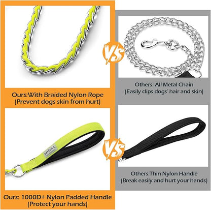 Chain Dog Leash Chew Proof Metal Leash for Medium Large Dogs, Chain Link Dog Anti Chew 5.2FT / 4FT Strong Anti Bite Comfortable Soft Padded Handle (Yellow, 5FT(30-80lb)