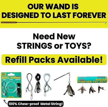 Forever Stick and 9 Cat Feather Toy Refills - The Unbreakable Cat Wand Toy, Durable Cat Toy Wand, Extra Long Cat String Toy, Cat Fishing Pole Toy for Bored Indoor Adult Cats, Cat Stick Toy