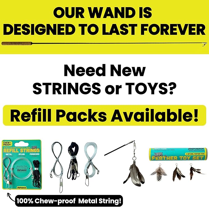 Forever Stick 2-Pack - The Unbreakable Cat Wand Toy, Durable Cat Toy Wand, Extra Long Cat String Toy, Cat Fishing Pole Toy for Bored Indoor Adult Cats, Cat Stick Toy, Cat Feather Wand, Cat Teaser Wand