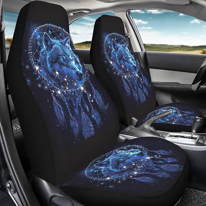 Car Seat Covers Set of 2, Wolf Dream Catcher Print Universal Auto Front Seat Protector Vehicle Seat Cushion Cover for Women Decorative Car Accessories Fit for Car SUV Truck