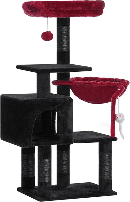 Heybly Cat Tree with Toy, Cat Tower Condo for Indoor Cats, Cat House with Padded Plush Perch, Cozy Hammock and Sisal Scratching Posts, Black and Red HCT004SBR