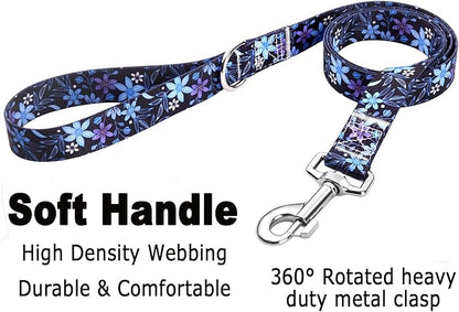 Dog Collar and Leash Set with Bohemia Floral Tribal Geometric Patterns - Soft Ethnic Style Collar Adjustable for Small Medium Large Dogs(Blue Floral Set,S)