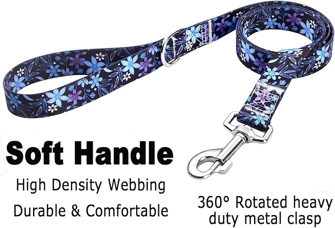 Dog Collar and Leash Set with Bohemia Floral Tribal Geometric Patterns - Soft Ethnic Style Collar Adjustable for Small Medium Large Dogs(Blue Floral Set,M)