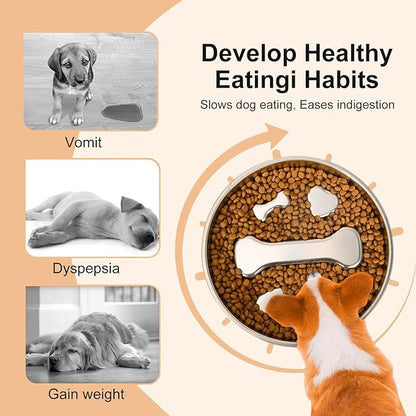 Stainless Steel Slow Feeder Dog Bowls with Pet Feeding Mat,2 Pcs Slow Food Bowl for Dog & Cat - 2 Cups Capacity,with Absorbent Pet Placemat,Puzzle Maze Dish for Small & Medium Sized Breeds