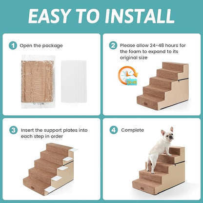 Dog Stairs with Detachable Zipper, 19.7" Extra Wide Right-Angle Pet Stairs for Bed, Anti-Slip Dog Steps for Lowrider and Elderly Cats with Support Board, 19.7x29.5x23.6 inch, Light Brown