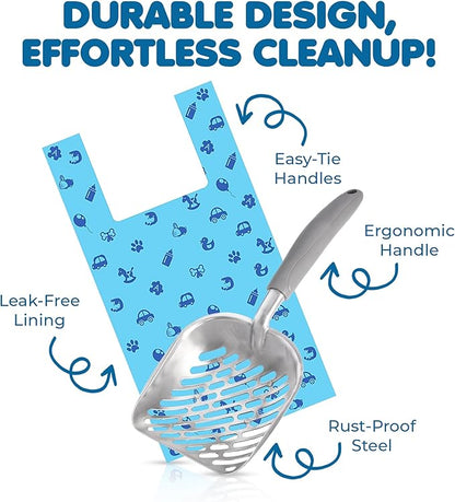SunGrow Cat Litter Scoop and Bag Combo, Stainless Steel Deep Shovel, 60 Plastic Poop Bags with Easy-Tie Handles, Ideal for Felines & Dogs, 1 Set Per Pack