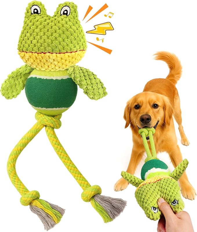 Swooflia Durable Squeaky Dog Toy - Interactive Plush Cute Frog with Rope Legs, Teeth Cleaning Tug Toy for Small Medium and Large Dogs, Puppy Chew Toy for Training and Play
