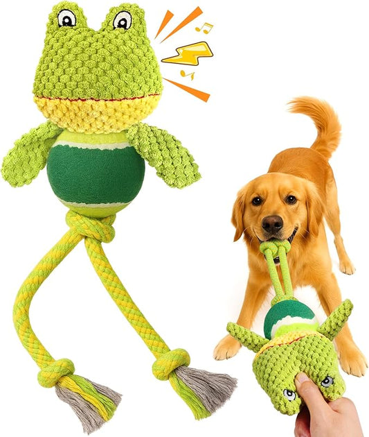 Swooflia Durable Squeaky Dog Toy - Interactive Plush Cute Frog with Rope Legs, Teeth Cleaning Tug Toy for Small Medium and Large Dogs, Puppy Chew Toy for Training and Play