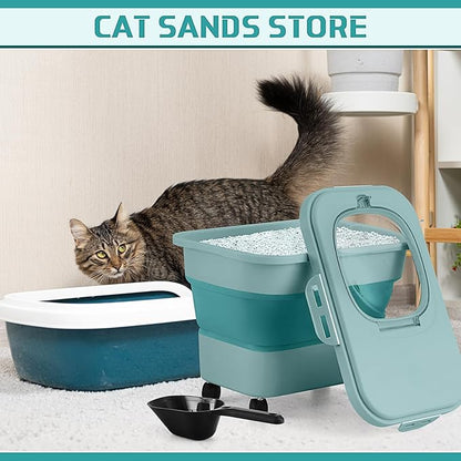 Juexica Collapsible Cat Litter Storage Bin Container with Rolling Casters, 20 Lbs Portable Cat Litter Storage Container with Airtight Lids, Shovel, Kitchen Cereal Rice Leakproof Sealable(Green)