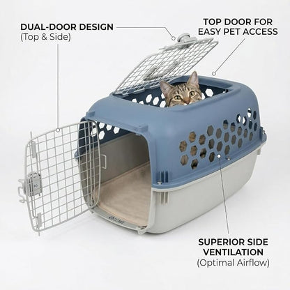 Hard-Sided Pet Carrier for Dogs and Cats | 24-Inch Top-Load Travel Kennel with Double Door Entry | Heavy-Duty Plastic Crate for Vet Visits & House Training, Up to 30 lbs Capacity,Blue/Gray