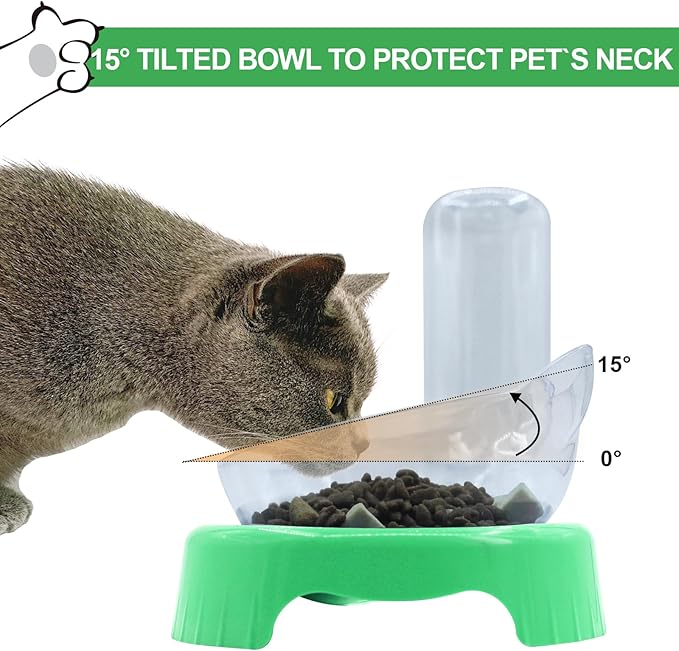 Triple Cat Bowls with Water Dispenser, Pet Whisker Friendly Water and Food Bowl Set with Non-Slip Mat, 15° Tilted Double Feeding Bowls, Elevated Wet and Dry Food Dish for Kitten&Small Dog (Mint)