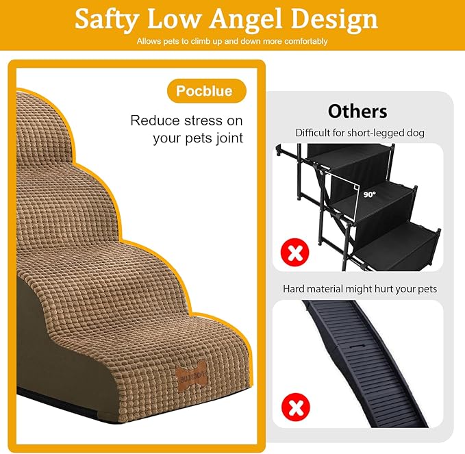 Dog Stairs for Small Dogs, Wide Pet Step with Removable Cover, No Assembly High Density Foam Cat Ramp for Bed or Sofa, 4-Step, Light Brown