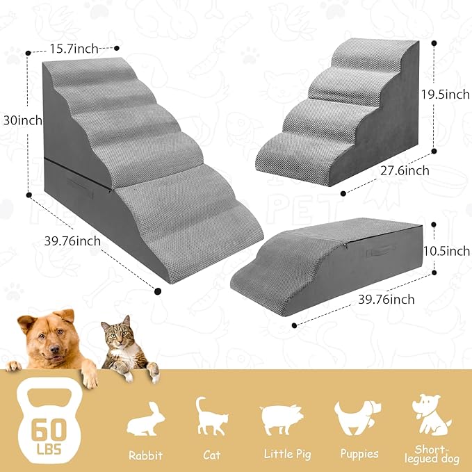 30" Pet Stairs for High Beds up to 36 Inches, No Assembly Foam Dog Steps with Non-Slip Surface, Lightweight Cat Ramp Ladder for Bedroom, Living Room, Cars