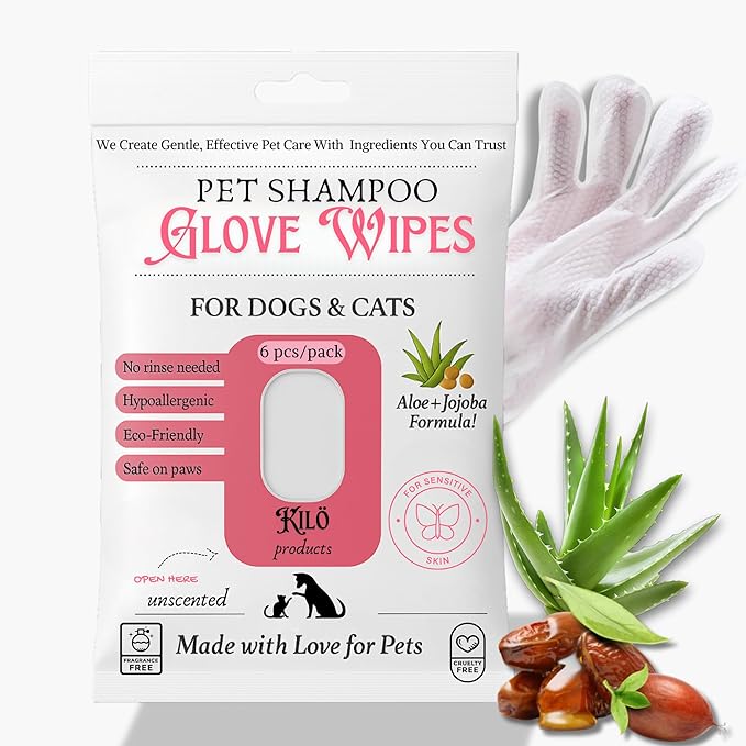 KIL Pet Shampoo Glove Wipes for Dogs & Cats - Hypoallergenic Bath Gloves with Aloe & Jojoba - No Rinse Needed - Deodorizing & Grooming - 6ct Travel Pack