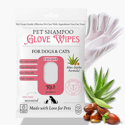 KIL Pet Shampoo Glove Wipes for Dogs & Cats - Hypoallergenic Bath Gloves with Aloe & Jojoba - No Rinse Needed - Deodorizing & Grooming - 6ct Travel Pack