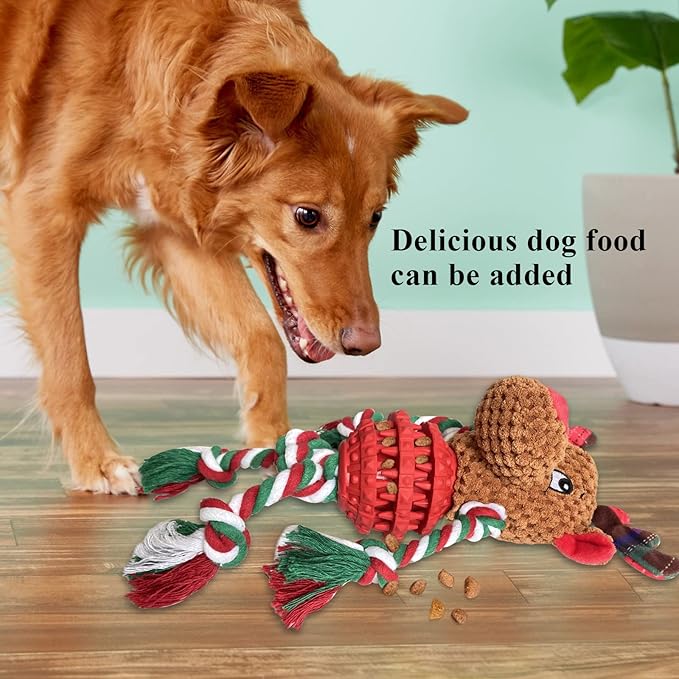 Dog Christmas Toys for Small Medium Large Dogs, Squeaky Plush Dog Toys + Interactive Dog Toys + Dog Rope Toys Multi Function Cute Reindeer Puppy Toys for Christmas