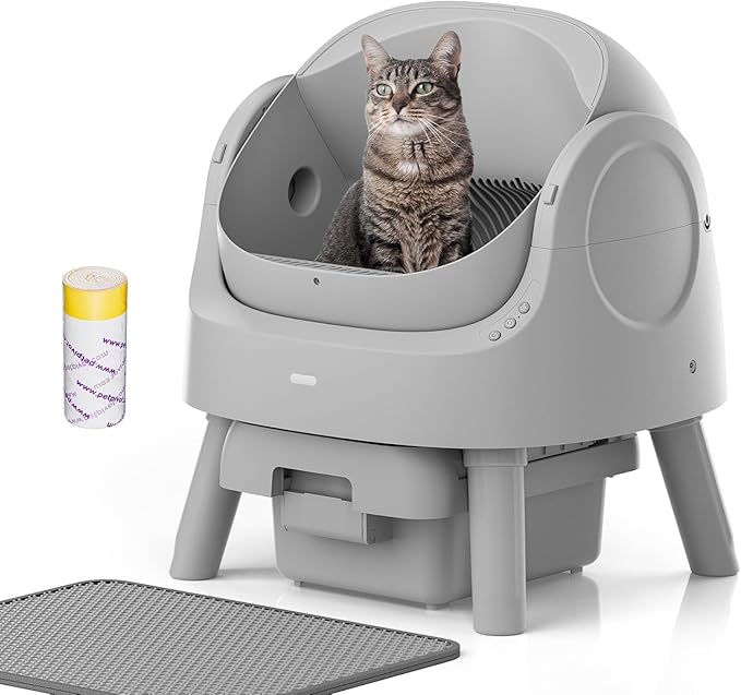 Automatic Self Cleaning Litter Box, with 4 Pairs Infrared Senor, Open-Top Design for Multi-Cat Homes, Comes with Liner Bags and Cat Litter Mat, Grey