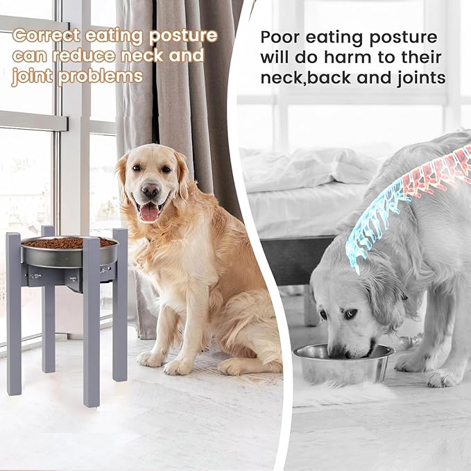 HTB Elevated Dog Bowl Stand,Adjustable Dog Food Stand for 8”-11” Bowls,Single DogBowl Holder 14” Tall for Large Dogs Grey