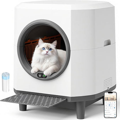 Self Cleaning Litter Box, Automatic Litter Box Self Cleaning 90L App-Controlled,Dual Safety Protection,1 Rolls Garbage Bags,White