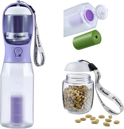 Cibaabo Dog Water Bottle with Food Container & Poop Bag Holder, Travel Water Bowl, Portable Pet Dispenser, Dog Gifts Stuff Accessories Items, Puppy Essentials for Yorkie Chihuahua Walking Hiking