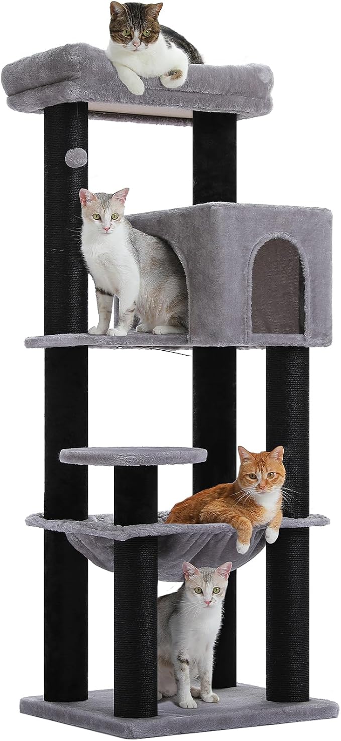 Large Cat Tree with Reinforced Scratching Posts (φ3.7in) for Big Adult Cats 30 lbs, 57.8" Heavy Duty Cat Tower with Larger Hammock and Condo, Cat Furniture for Maine Coon, Plush,Black