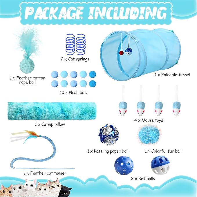 24 Pcs Cat Toys Set Interactive Kitten Toys Pack Including Collapsible Play Tunnel Feather Teaser Wand Fuzzy Ball Springs Pillow Mouse Bells for Indoor Cats Puppy(Blue,Classic)
