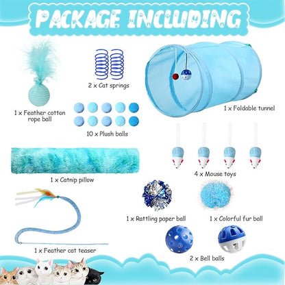 24 Pcs Cat Toys Set Interactive Kitten Toys Pack Including Collapsible Play Tunnel Feather Teaser Wand Fuzzy Ball Springs Pillow Mouse Bells for Indoor Cats Puppy(Blue,Classic)