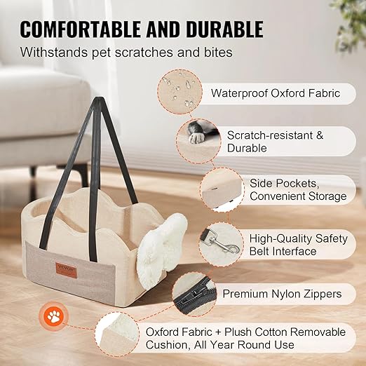 VEVOR Console Dog Car Seat, Center Console Dog Booster Seat for Small Dogs, Pet Bed for Car Armrest with Clip-On Leash, Adjustable Straps, Supports up to 8lbs, Light Brown
