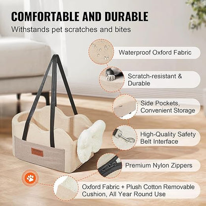 VEVOR Console Dog Car Seat, Center Console Dog Booster Seat for Small Dogs, Pet Bed for Car Armrest with Clip-On Leash, Adjustable Straps, Supports up to 8lbs, Light Brown