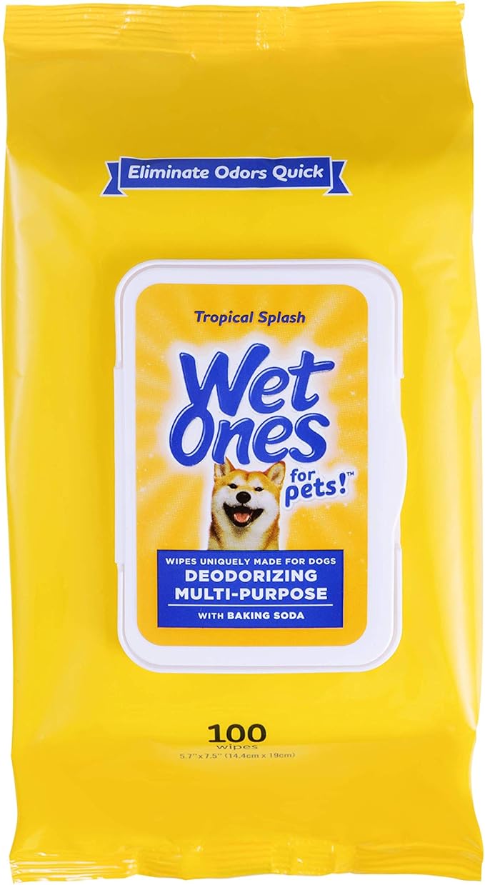 Wet Ones for Pets Deodorizing Multipurpose Dog Wipes with Baking Soda, Tropical Splash Scent - Desmellizing Wipes for Dogs with Wet Lock Seal, 100 Count