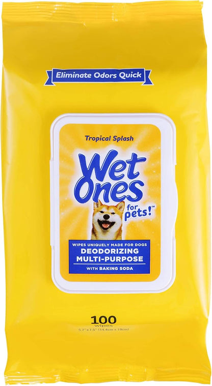 Wet Ones for Pets Deodorizing Multipurpose Dog Wipes with Baking Soda, Tropical Splash Scent - Desmellizing Wipes for Dogs with Wet Lock Seal, 100 Count