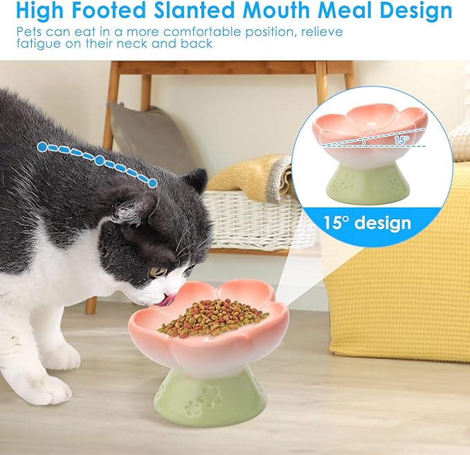 Ceramic Raised Slow Feeder Dog Bowl for Dry Wet Food, Smooth Surface Elevated Cat Food Bowl, Flower Shape Pet Food Bowls for Small Cat Dog, 150ml/5oz (Style 2)