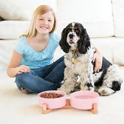 Ceramic Dog Bowl and Cat Bowls Set with 15° Adjustable Wood Stand, Non-Slip Weighted Pet Food and Water Bowls, Dual Raised Feeder for Small Dogs, Matte Glaze Pet Dish 13.5oz Set of 2 (Soft Pink)