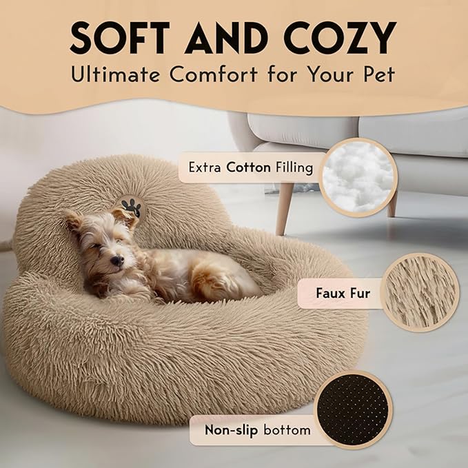 PetJett Calming Dog Beds for Small Dogs – 23" Donut Dog Beds, Anti-Slip & Washable Puppy Bed - Fluffy Plush Faux Fur Pet Bed, Anti-Anxiety Premium Comfort Round Pillow, Fits Dogs up to 25 lbs – Beige
