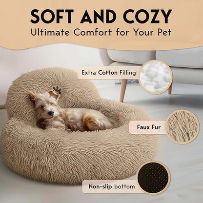 PetJett Calming Dog Beds for Small Dogs – 23" Donut Dog Beds, Anti-Slip & Washable Puppy Bed - Fluffy Plush Faux Fur Pet Bed, Anti-Anxiety Premium Comfort Round Pillow, Fits Dogs up to 25 lbs – Beige