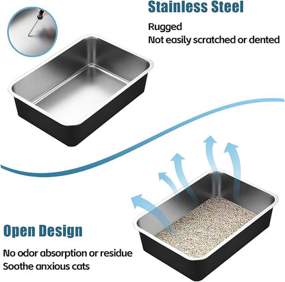 Stainless Steel Cat Litter Box - Metal Medium to Large High Sided Litter Pan Tray, Easy to Clean No Stick No Smell Litter Box Toilet for Indoor Kitty, Kitten (Black, 17.7" x13.8" x6")