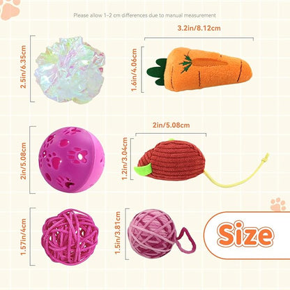 Andiker 6Pcs Cat Toy Pack, Cats Toy Set with Crinkle Balls, Pet Bell Balls, Pet Mouse Toy and Rattan Ball Stimulate Cats Hunting and Chasing Instincts Interactive Kitten Toys for Indoor Cat (Pink)