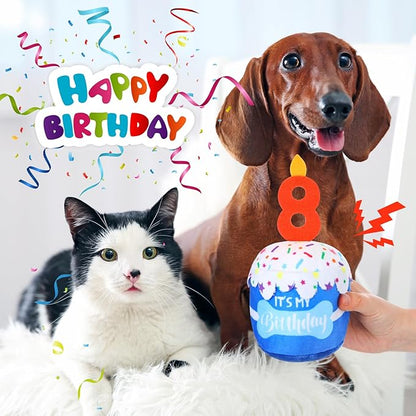 Dog Birthday Cake Toy Accessories for Girl Boy Gifts, Squeaky Plush Toy for Dog Birthday Party Decor Favor for Large, Medium and Small Dogs(8th,Blue)